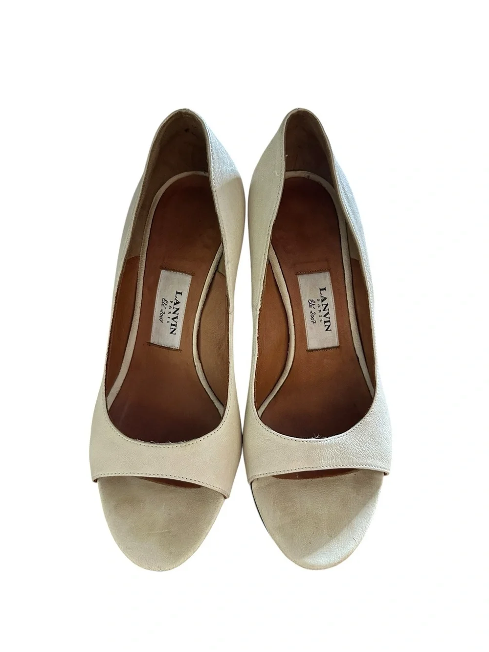 Vintage Lanvin Cream Leather Peep-Toe Wedge with lacquered Black Platform sz 37